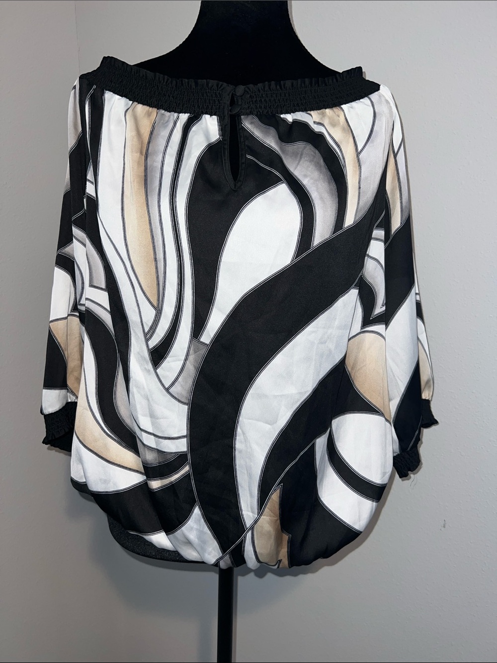 White House Black Market Black Cream and White Abstract Off-Shoulder Tunic